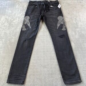 PRPS Jeans Mens 32x33 Black‎ Windsor Tapered Skinny Japanese Denim Embroidered